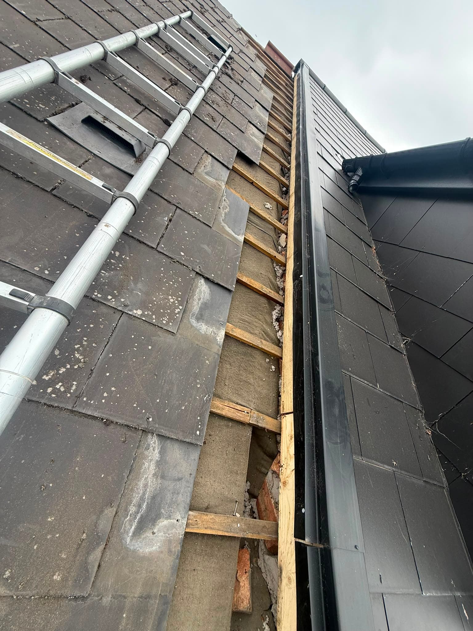 Roof section opened up to exposed timber battens during repair work, with a ladder in place.